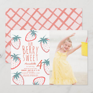 Invitación Berry Sweet Strawberry Red White Photo Birday