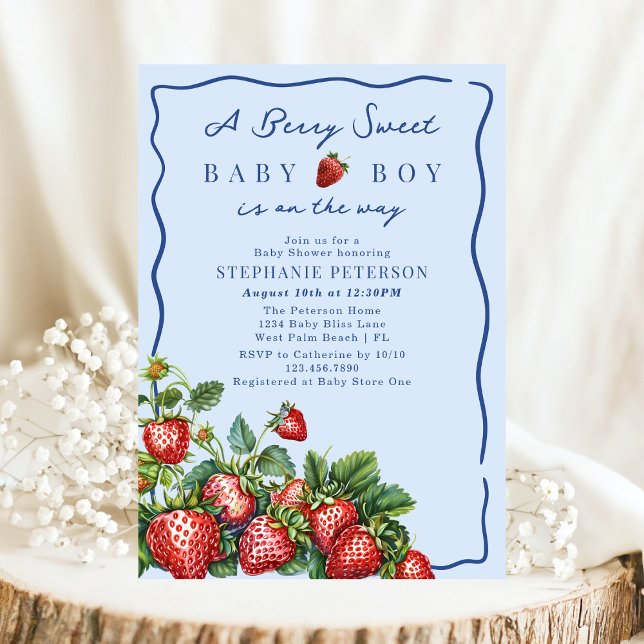 Invitación Berry Sweet Strawberry Summer Blue Boy Baby Shower (Subido por el creador)