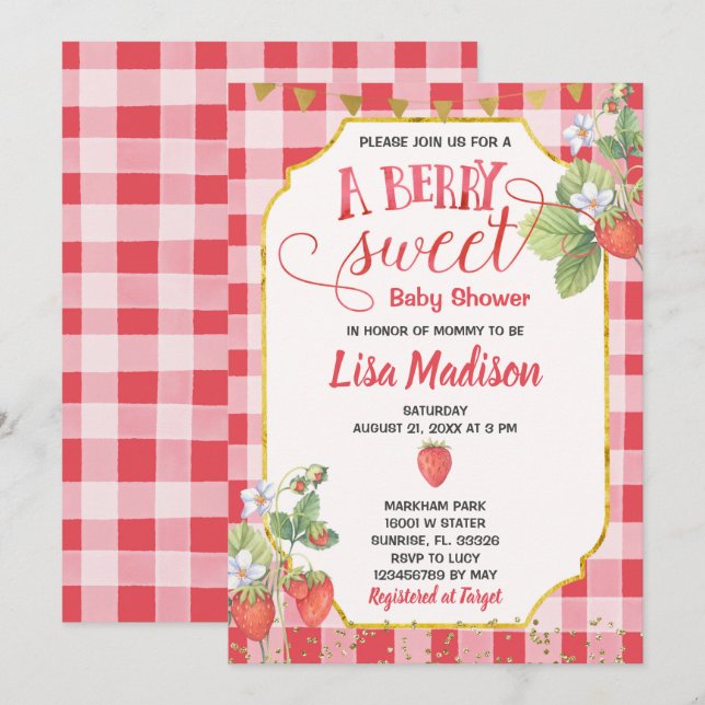Invitación Berry Sweet Watercolor Strawberry Baby Shower (Anverso / Reverso)