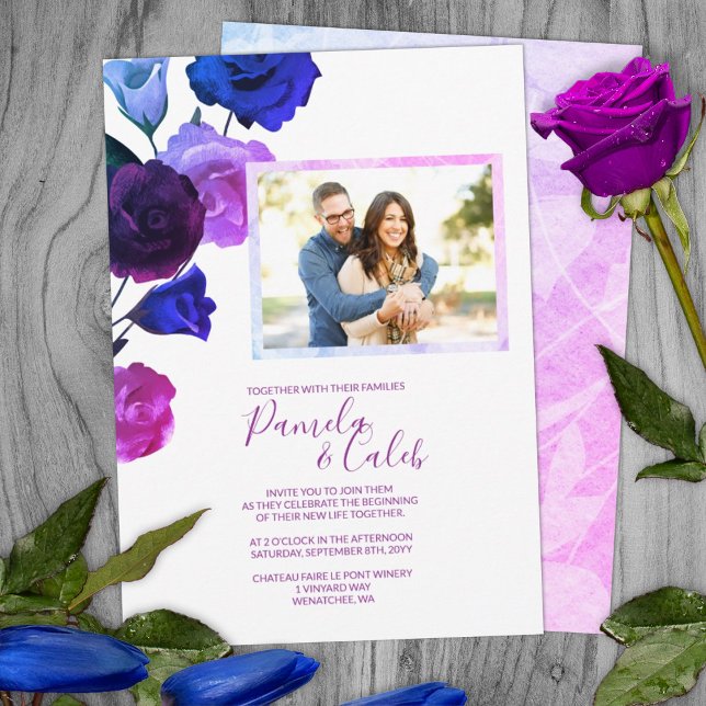 Invitación Berry Violet, Royal Blue, Boda de rosas rosadas (Purple pink blue wine red wedding bouquet garden wedding summer botanical wedding invitations berry)