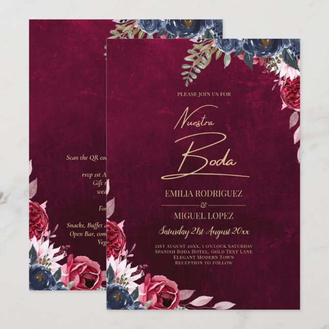 Invitación Berry Wine Floral Boda (Anverso / Reverso)