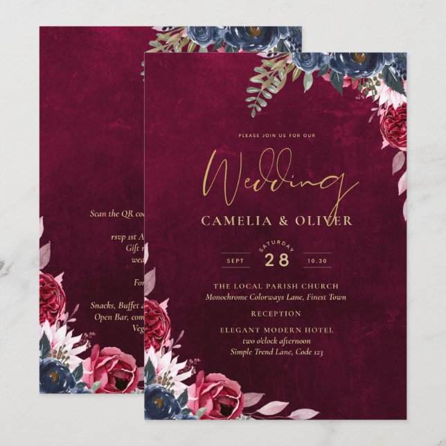 Invitación Berry Wine Floral Boda (Anverso / Reverso)