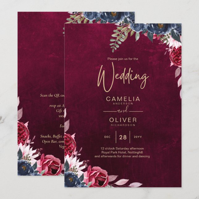 Invitación Berry Wine Floral Boda (Anverso / Reverso)