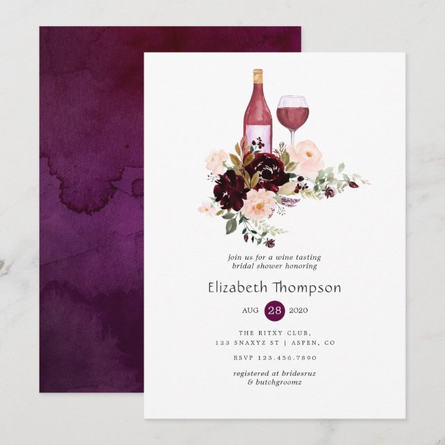 Invitación Berry y Rubor Floral Wine Tasting Bridal Shower (Anverso / Reverso)