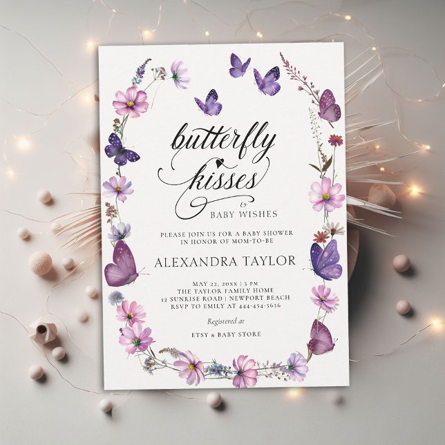 Invitación Besada de mariposa, ducha salvaje de bebé morada (butterfly kisses baby wishes girl shower invitation purple pink garden watercolor spring summer boho)