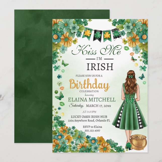 Invitación Bésame soy el Chica irlandés vestido verde St. Pat (Anverso / Reverso)