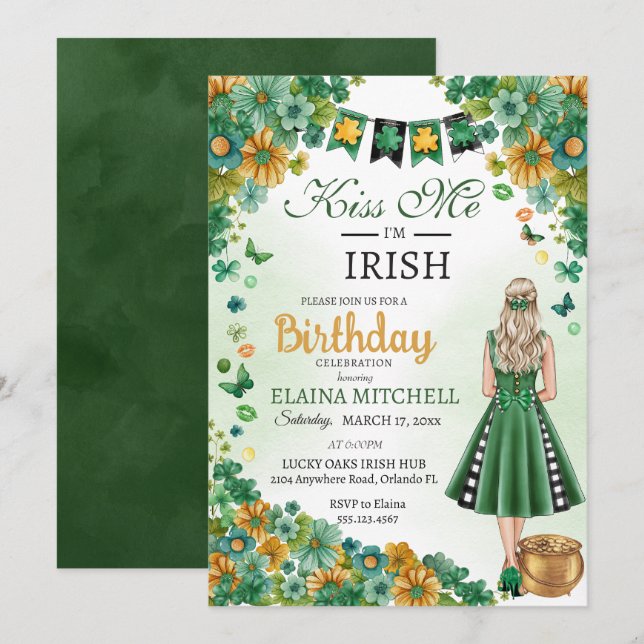 Invitación Bésame soy el Chica irlandés vestido verde St. Pat (Anverso / Reverso)