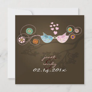 Invitación Besando aves amorosas, corazones flotantes/mocha