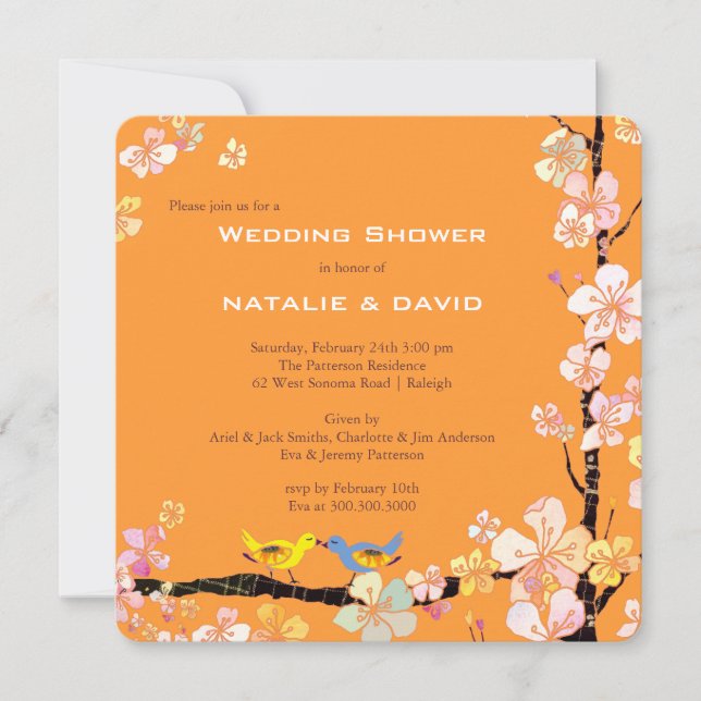 Invitación Besando pájaros Boda Tangerina Ducha Parejas (Anverso)
