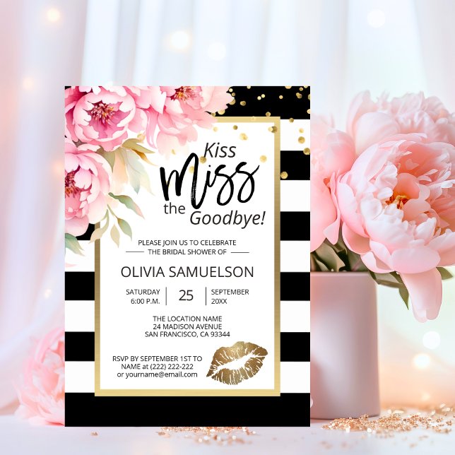 Invitación Beso blanco negro, la ducha de novia floral (Kiss the Miss Goodbye Floral Bridal Shower Invitation)