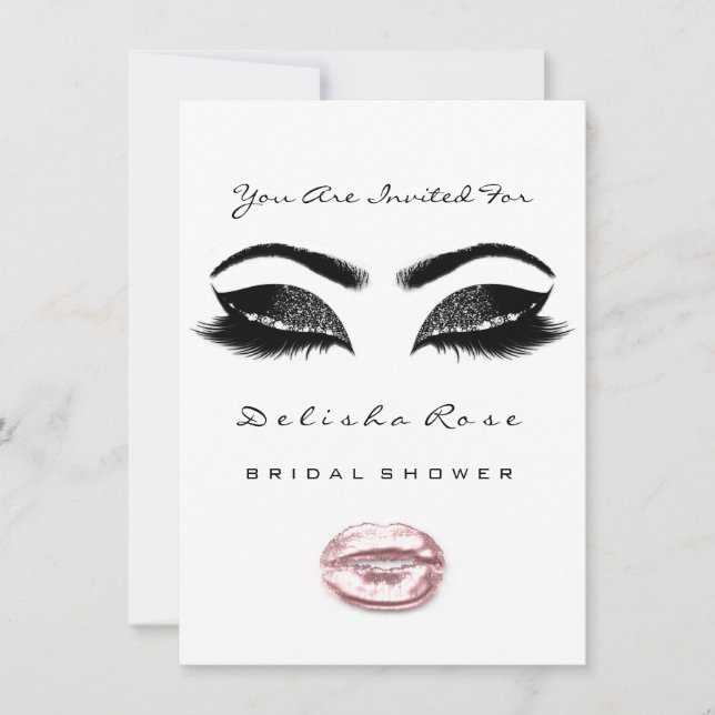 Invitación Beso blanco negro maquillaje ducha de novia rosa (Anverso)