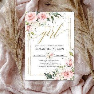 Invitación Beso bohemio rosa floral oro es una niña bebé
