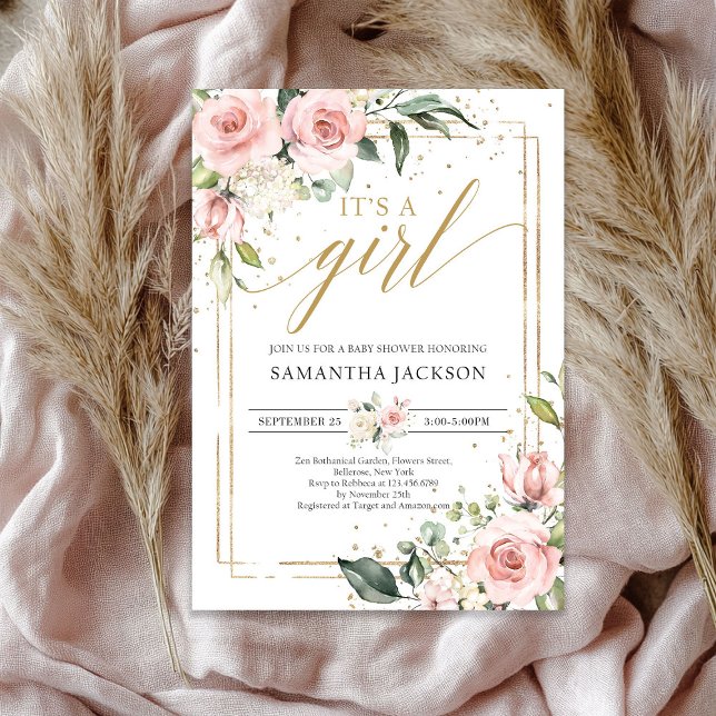 Invitación Beso bohemio rosa floral oro es una niña bebé (Bohemian blush pink floral gold it's a girl baby invitation)
