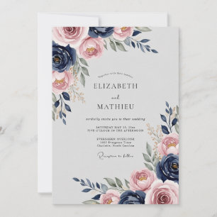 Invitación Beso de Azul Marino Seráfico Floral de Boda