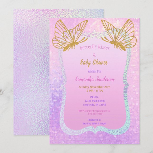 Invitación Beso de mariposa Baby Shower rosa y dorada (Anverso / Reverso)