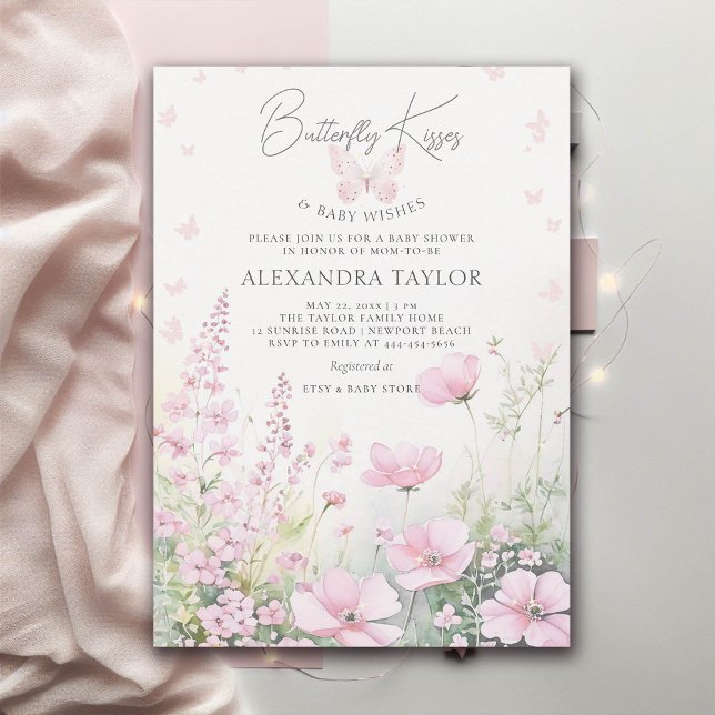 Invitación Beso de mariposa Flores salvajes rosadas Niña duch (butterfly kisses pink wild flowers garden girl baby shower template)
