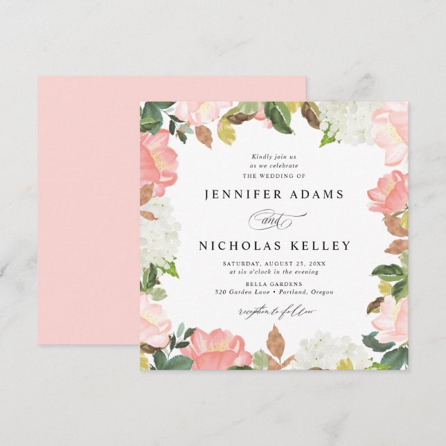Invitación Beso Floral de Primavera | Boda Cuadrada (Anverso / Reverso)