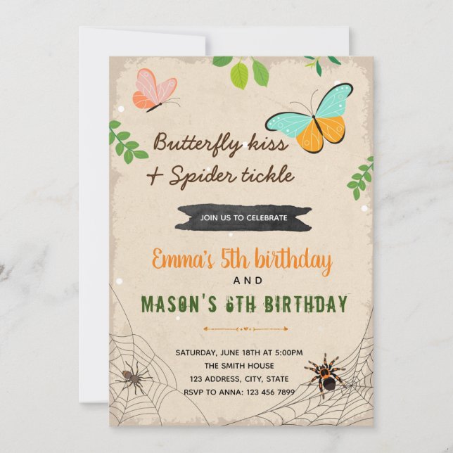 Invitación Beso mariposa y cumpleaños de araña (Anverso)