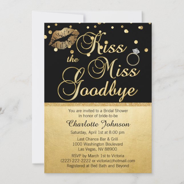 Invitación Beso negro de oro, ducha de novia de Miss adiós (Anverso)