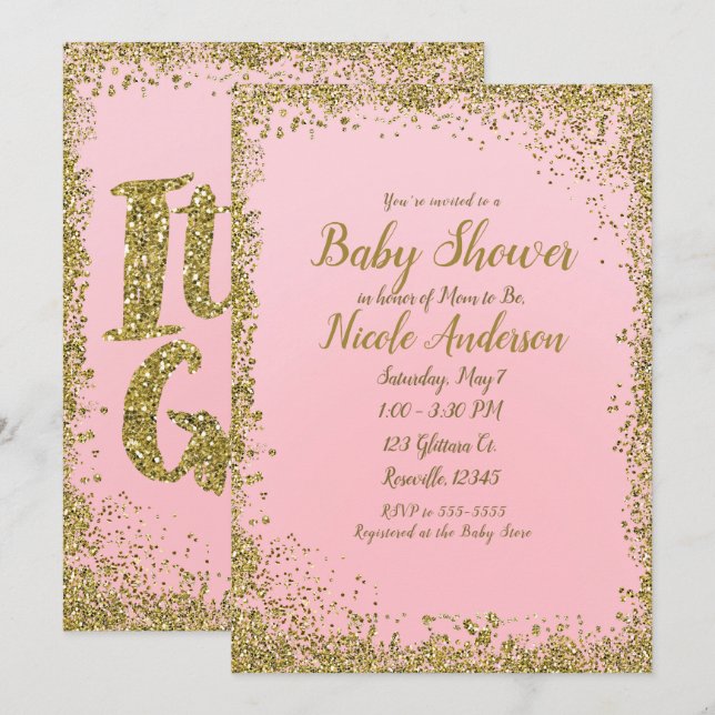 Invitación Beso Rosa Dorado Brillante Glam Moderno Baby Showe (Anverso / Reverso)