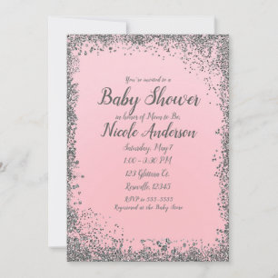Invitación Beso Rosa Plata Brillo Glam Moderno Baby Shower