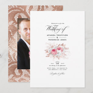 Invitación Beso Rosa y Floral de Oro Rosa y Boda de Encaje I