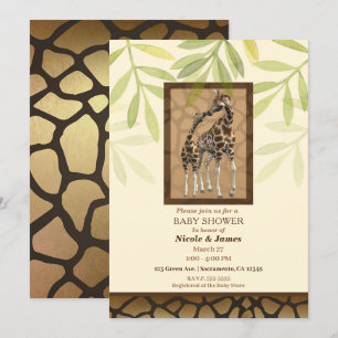 Invitación Besos de jirafas marrones doradas para baby shower