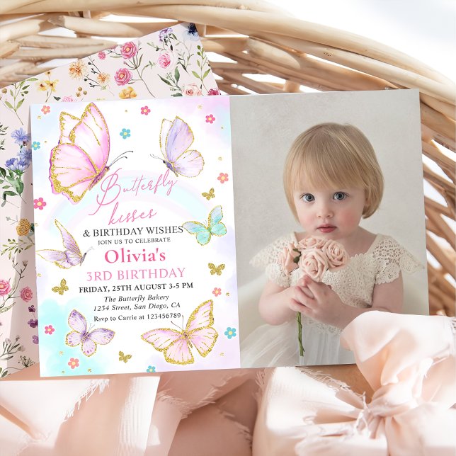 Invitación Besos de mariposa acuarela y deseos de cumpleaños (Subido por el creador)