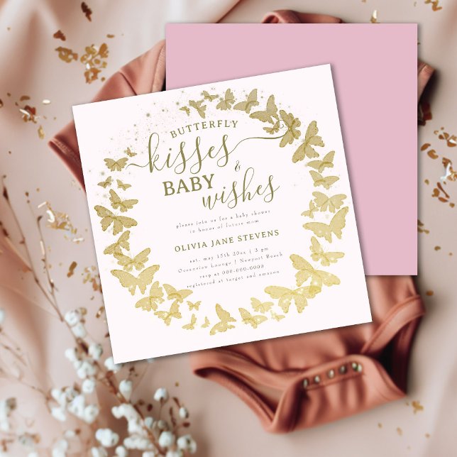 Invitación Besos de mariposa con Chica rosado de oro Baby Sho (Subido por el creador)