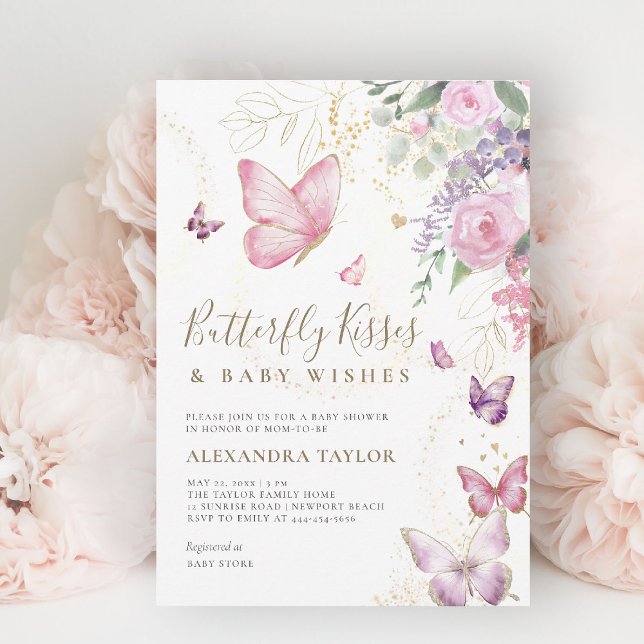 Invitación Besos de mariposa desea ducha Floral para bebé (butterflies baby shower invitation butterfly kisses pink purple gold floral elegant garden party)
