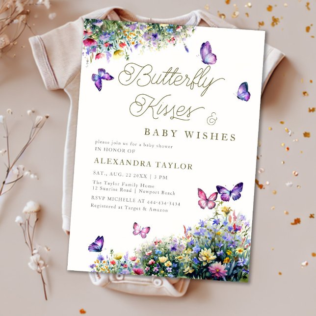 Invitación Besos de mariposa desea flores silvestres Baby Sho (Subido por el creador)