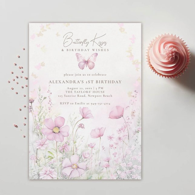 Invitación Besos de mariposa desea flores silvestres primer c (butterfly kisses birthday wishes pink wild flowers garden 1st birthday girl invitation template)