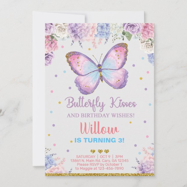 Invitación Besos de mariposa deseos de cumpleaños chica invit (Anverso)