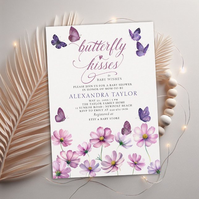 Invitación Besos de mariposa Deseos De Mauve Baby Shower (butterfly kisses baby wishes girl shower invitation purple mauve garden watercolor spring summer)