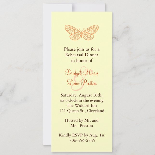 Invitación Besos de mariposa ensayo Cena amarillo (Anverso)