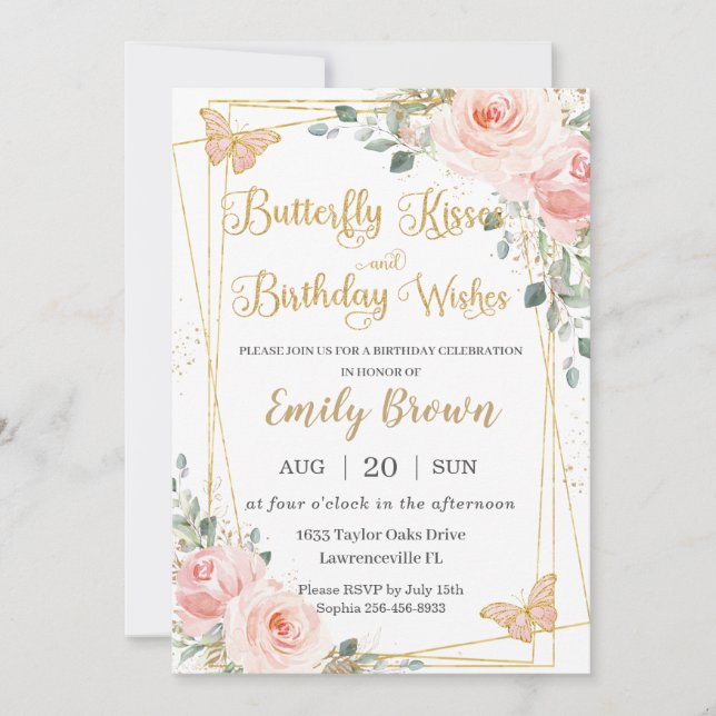 Invitación Besos de mariposa floral rosa de Rubor Deseos de c (Anverso)