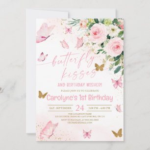 Invitación Besos de mariposa floral rosa y deseos de cumpleañ