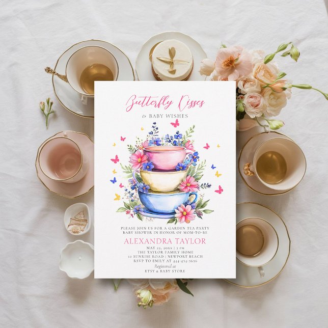 Invitación Besos de mariposa flores silvestres Tea Baby Showe (butterfly kisses baby shower invitation wildflowers garden tea party colorful summer spring)