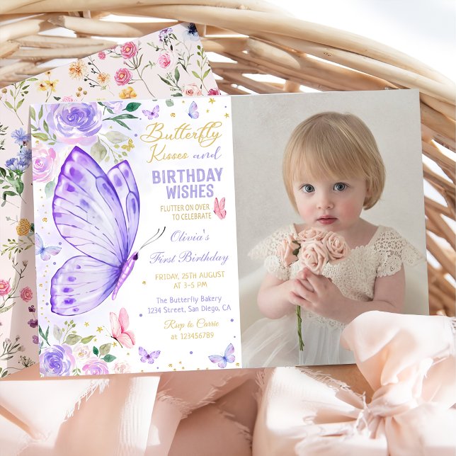 Invitación Besos de mariposa morada floral y deseos de cumple (Subido por el creador)