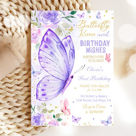Invitación Besos de mariposa morada floral y deseos de cumple
