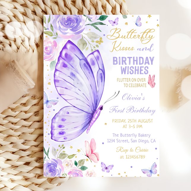 Invitación Besos de mariposa morada floral y deseos de cumple (Subido por el creador)