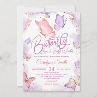 Invitación Besos de mariposa morada y deseos de bebé Baby Sho