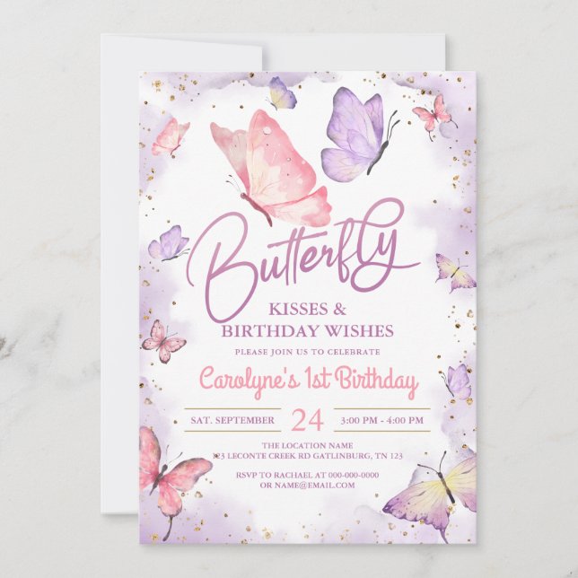 Invitación Besos de mariposa morada y deseos de cumpleaños (Anverso)
