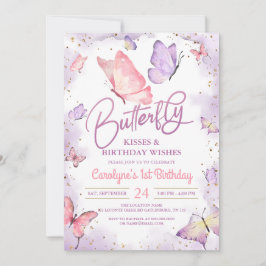 Invitación Besos de mariposa morada y deseos de cumpleaños