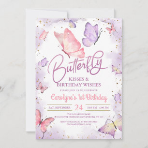 Invitación Besos de mariposa morada y deseos de cumpleaños