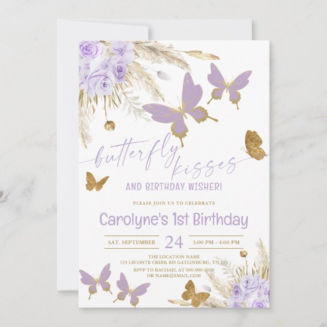 Invitación Besos de mariposa morada y deseos de cumpleaños de (Anverso)