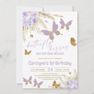Invitación Besos de mariposa morada y deseos de cumpleaños de