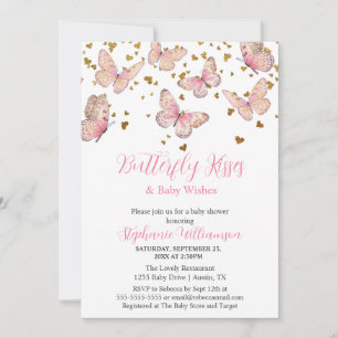 Invitación Besos de Mariposa Rosa y Dorado Baby Shower 