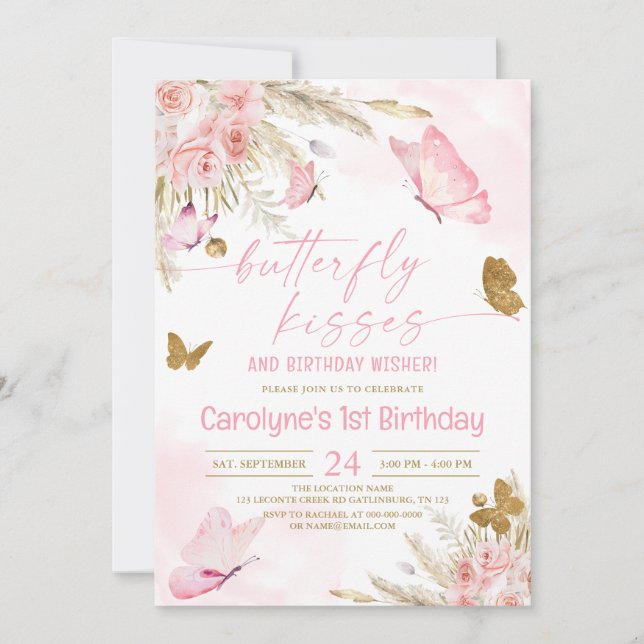 Invitación Besos de mariposa rosada y deseos de cumpleaños (Anverso)