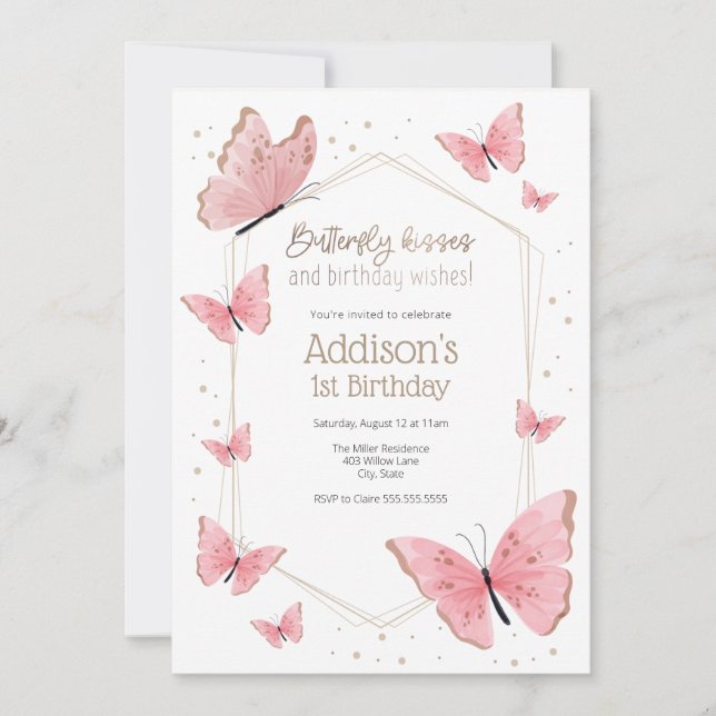 Invitación Besos de mariposa rosada y deseos de cumpleaños Cu (Anverso)